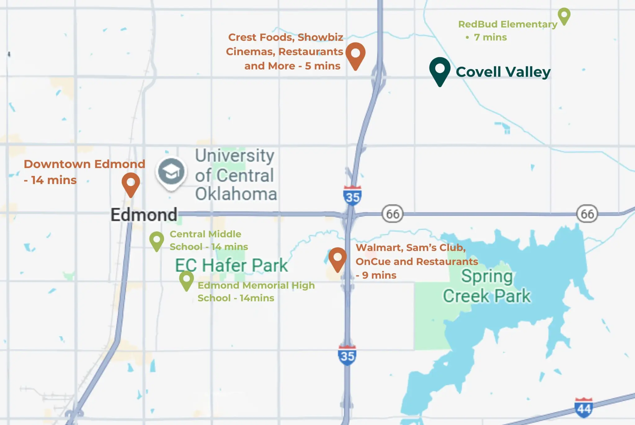 Map of local restaurants, shopping, and schools all in close proximity to Covell Valley Community