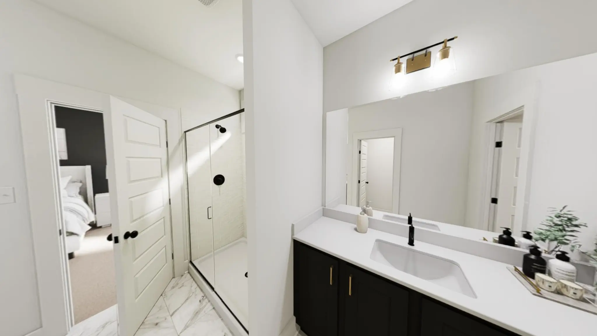 Primary bathroom towner with white tile and gold and black accents