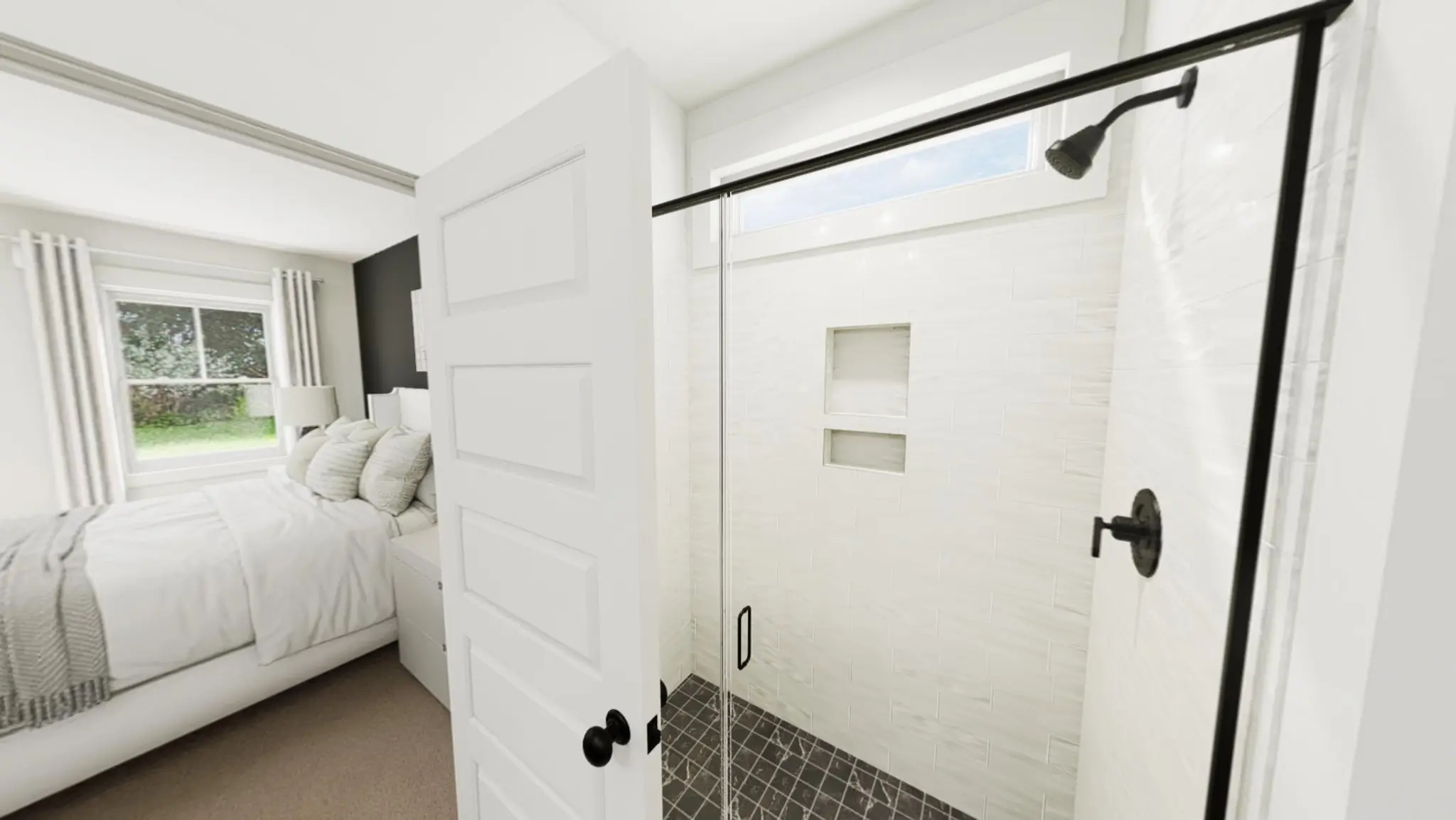 Primary Bathroom Shower with white and black tiles