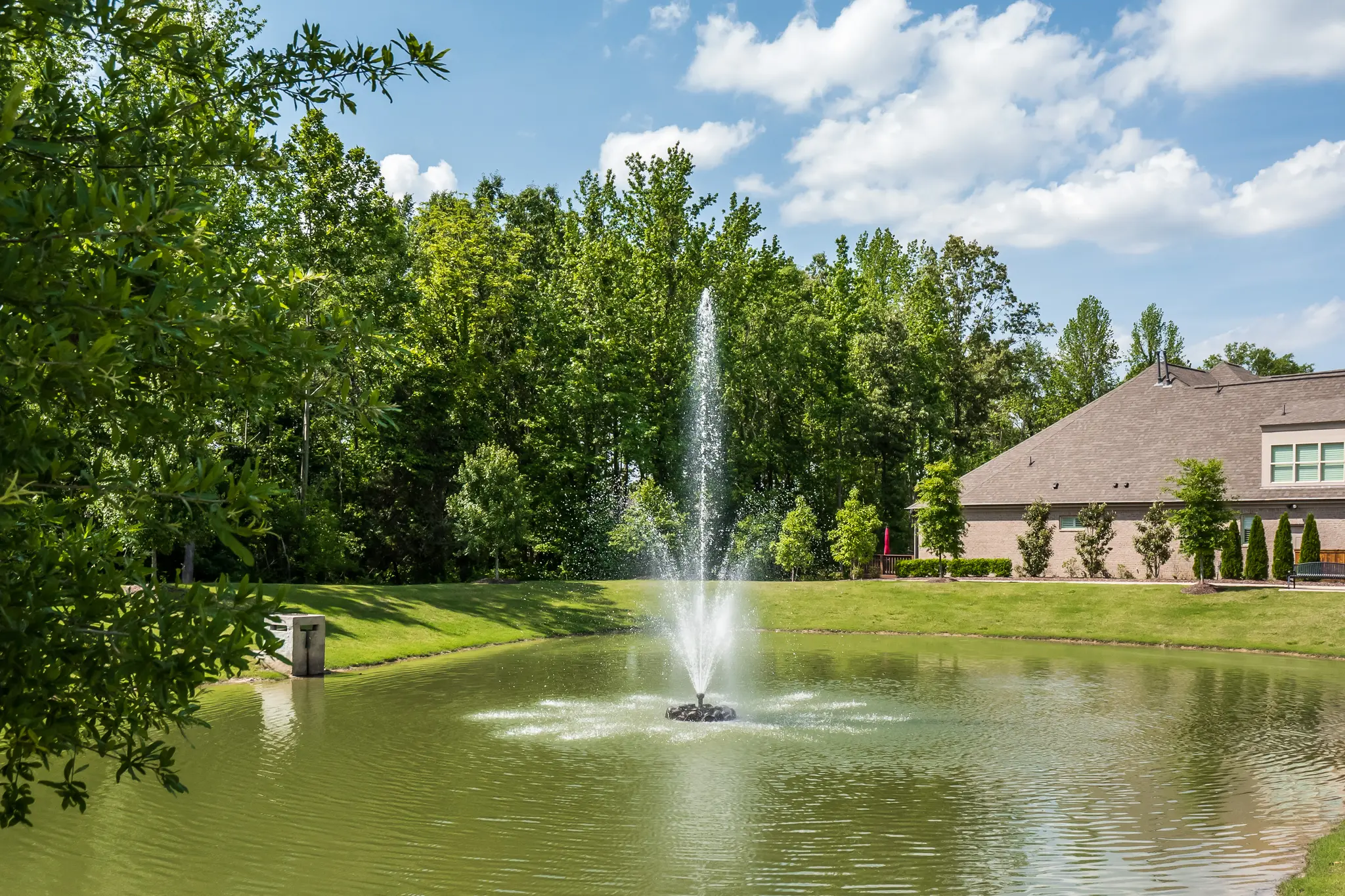 Vibrant Magnolia Homes Community with pond with gorgeous fountain