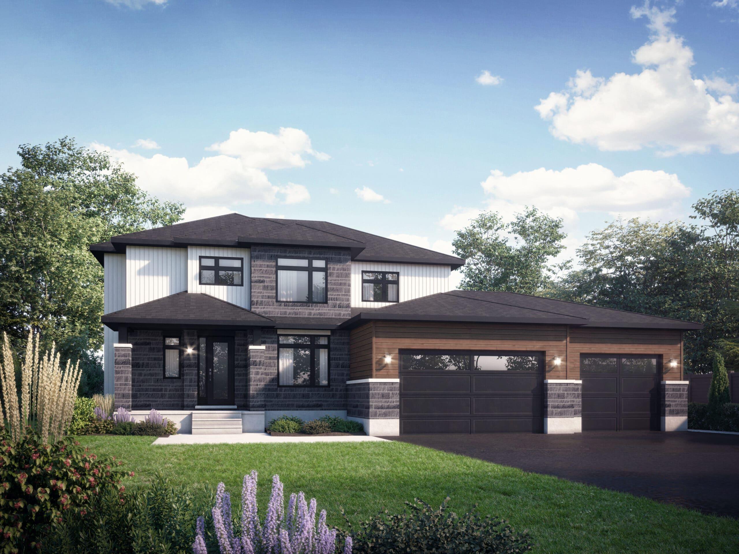 Contemporary two-storey home with dark stone exterior, white siding, and attached three-car garage