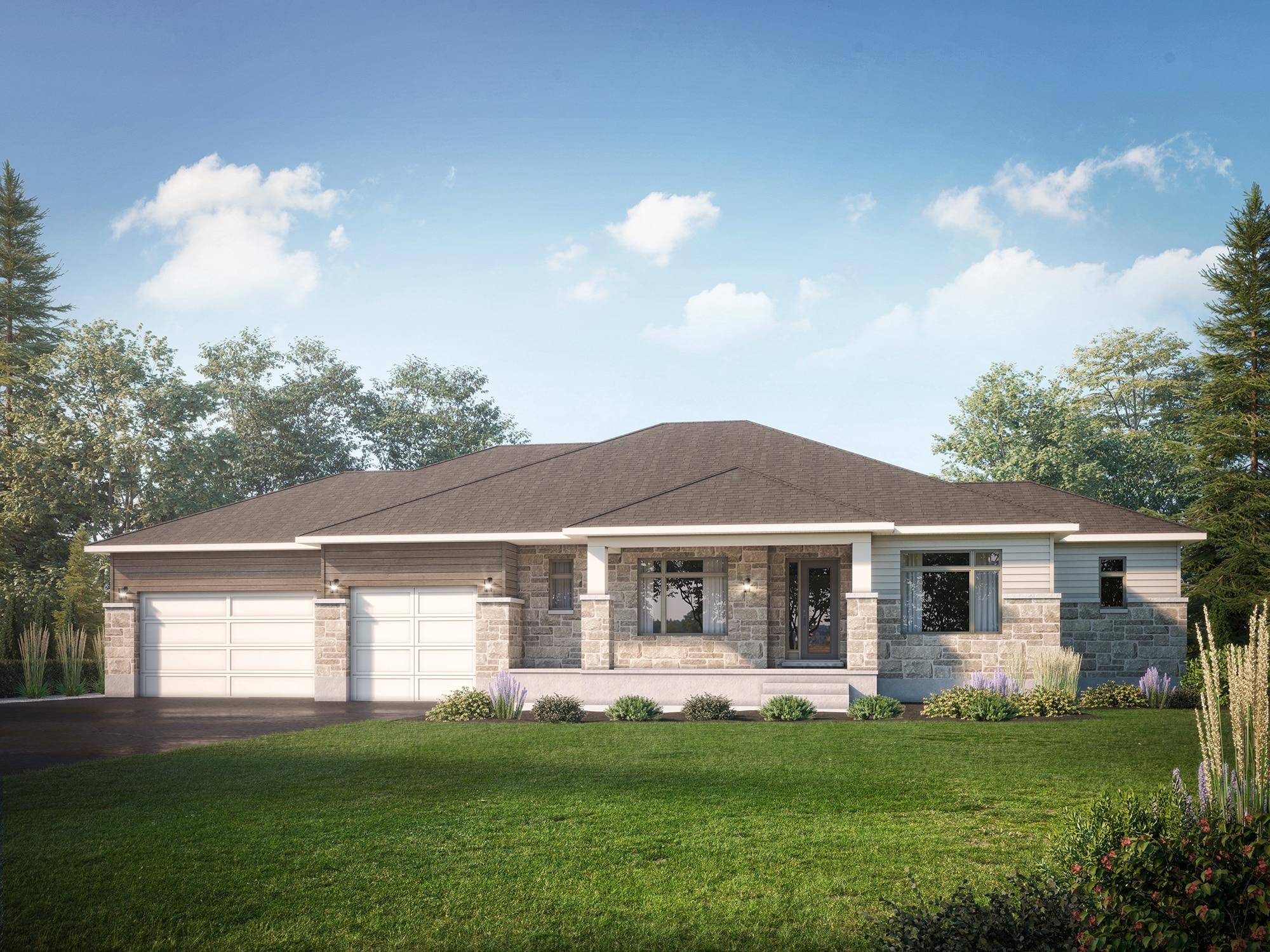 Single-storey stone and siding bungalow with triple garage and landscaped front lawn.