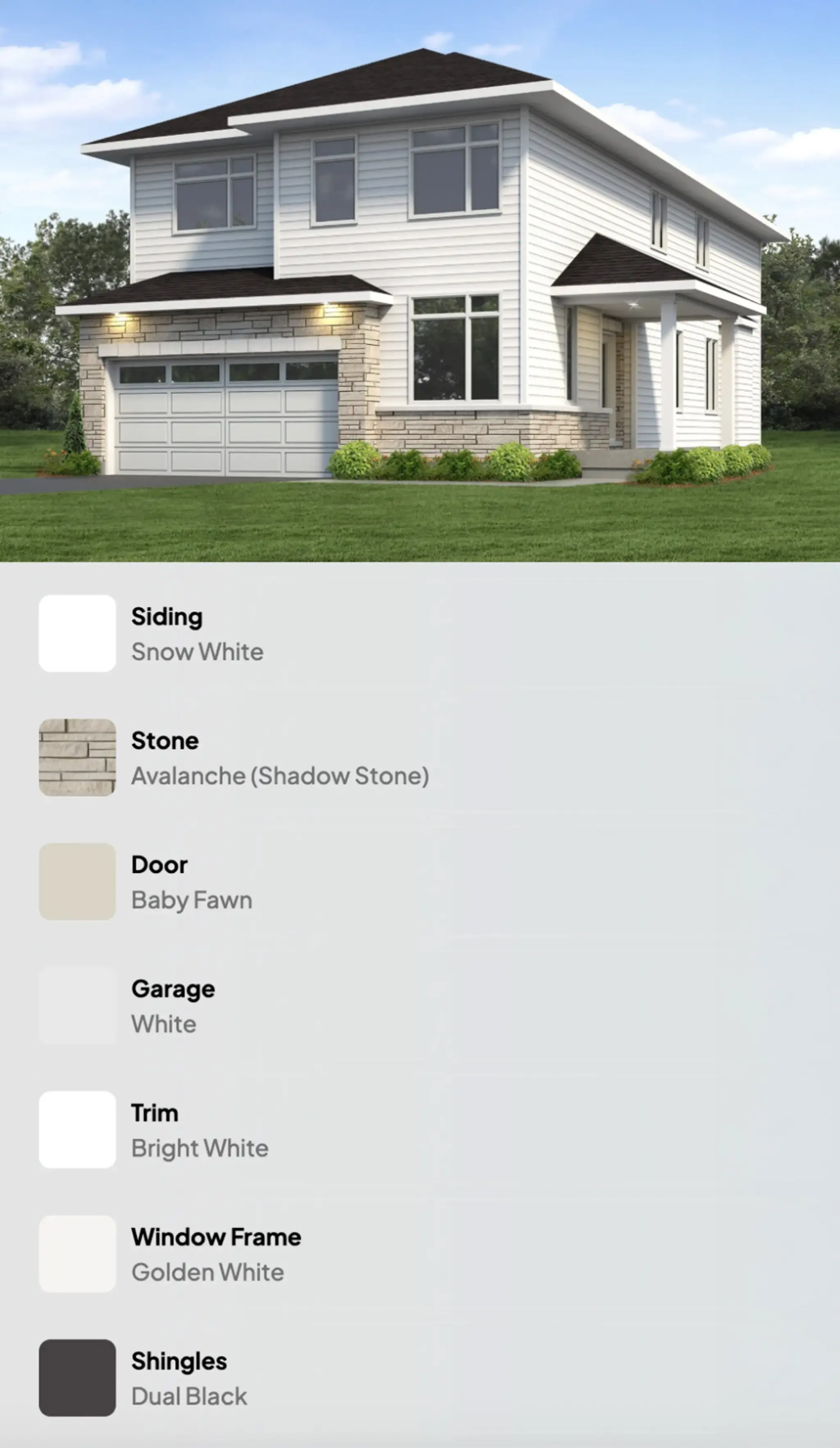 Two-storey white house exterior with stone accents, black shingles, and attached double garage.
