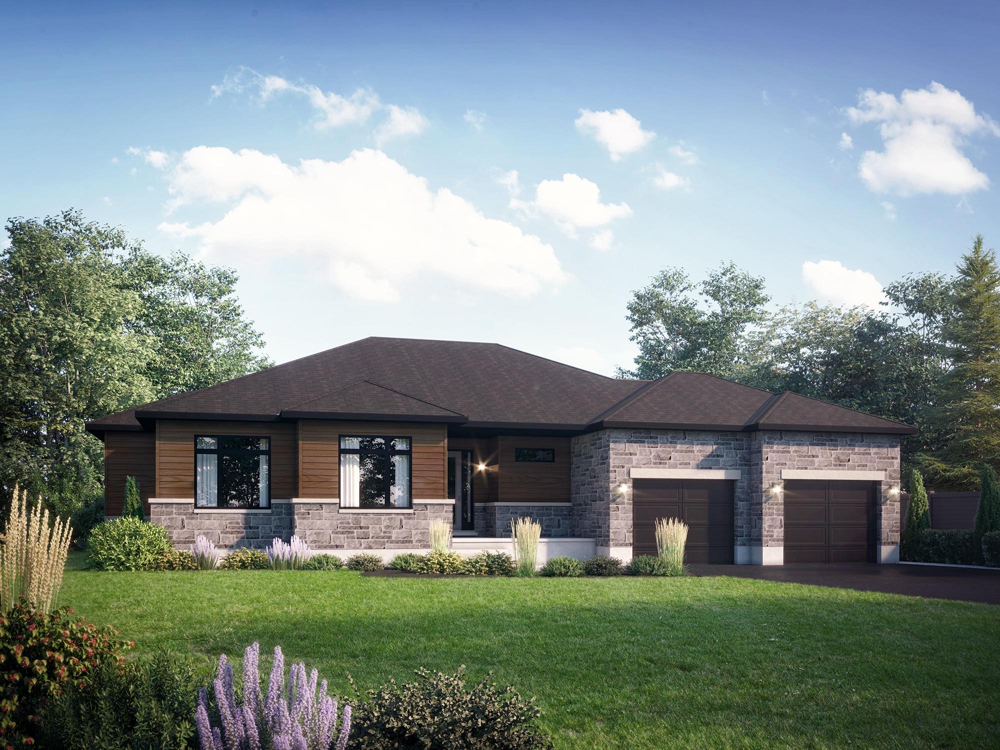 Modern bungalow with stone exterior, wood siding accents, and double garage surrounded by landscaping.