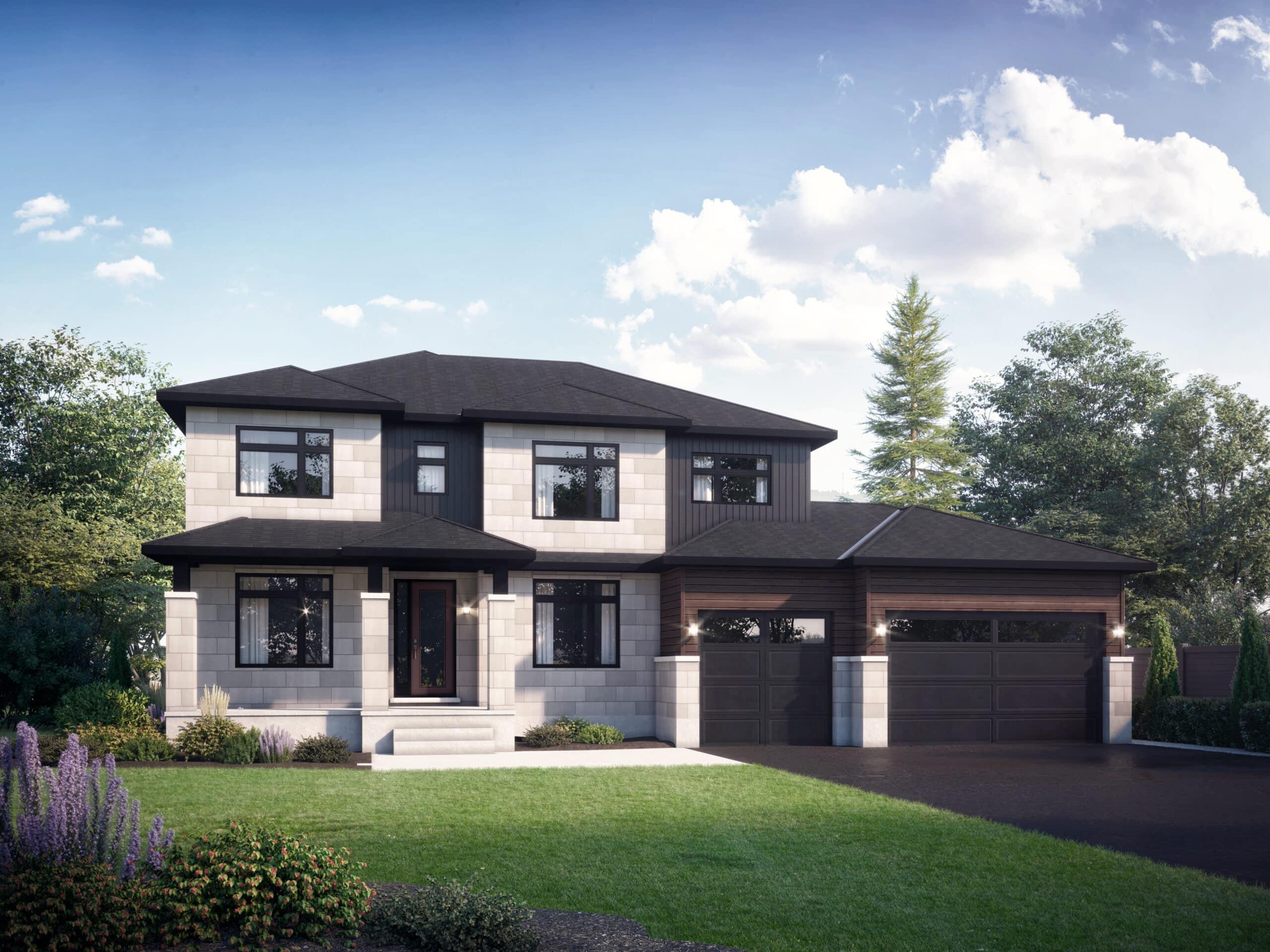 Two-storey modern home with light stone facade, dark trim, and attached three-car garage