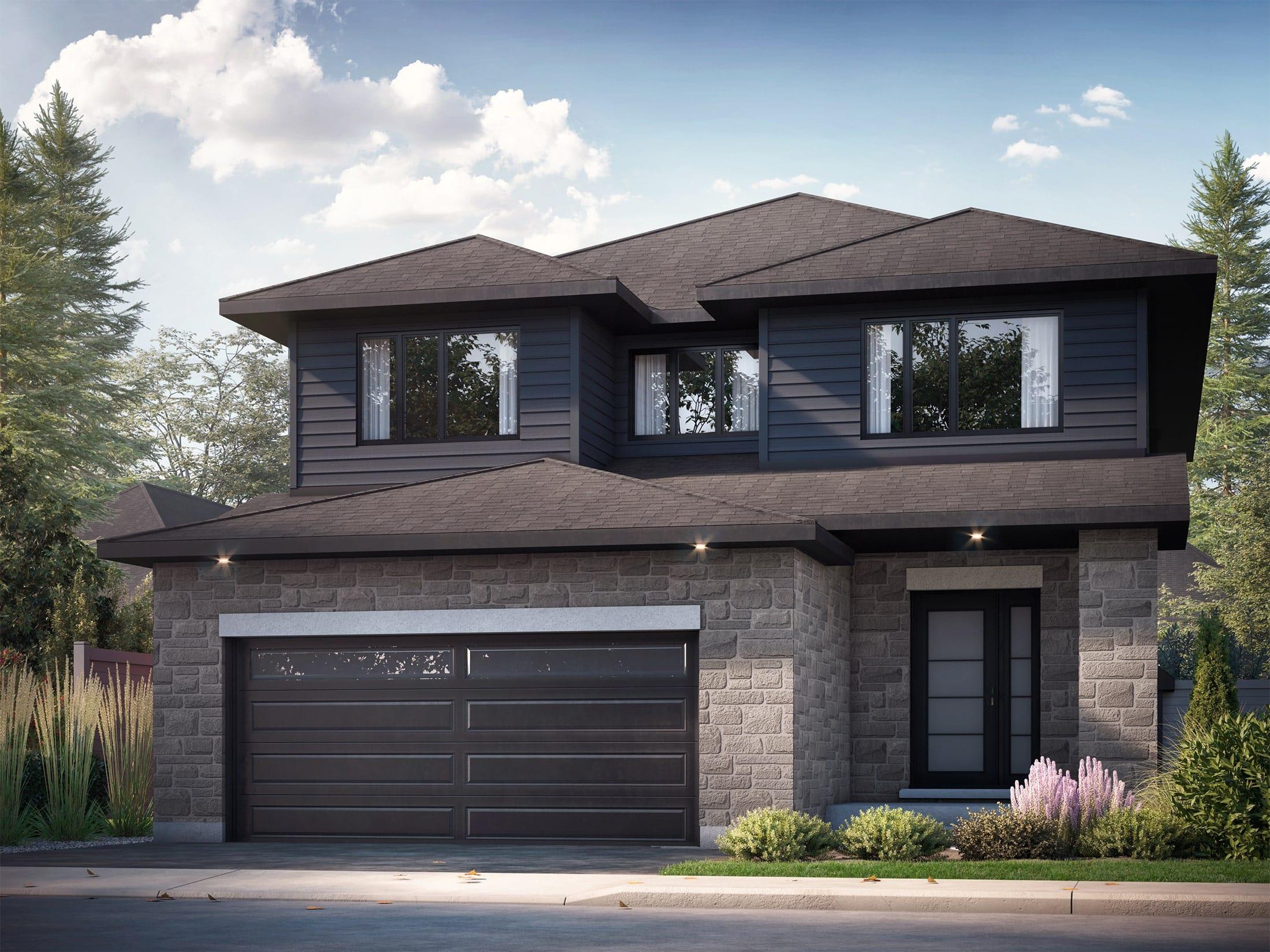 Modern two-storey home with dark siding, stone exterior, and attached double garage