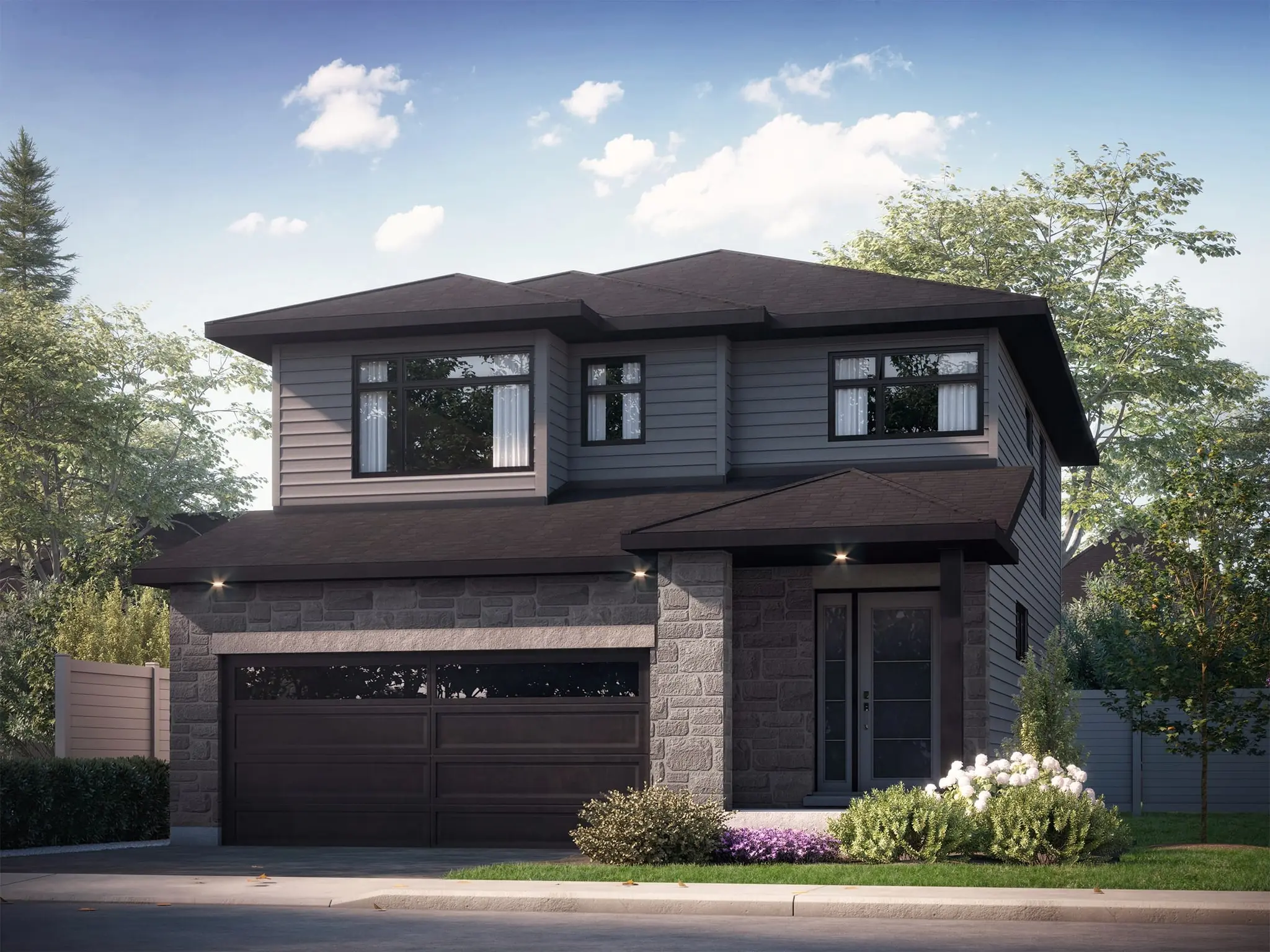 Modern two-storey dark grey house with stone facade, black trim, and double garage.