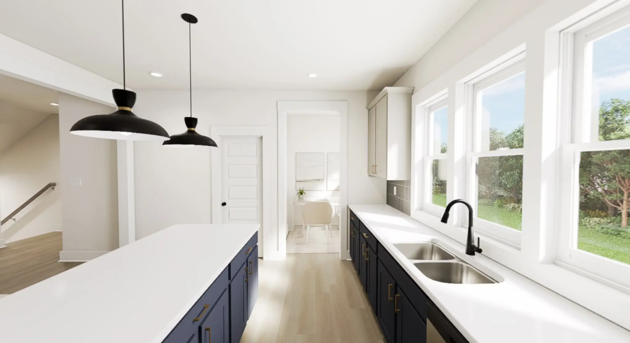 View from kitchen into sunny pocket office